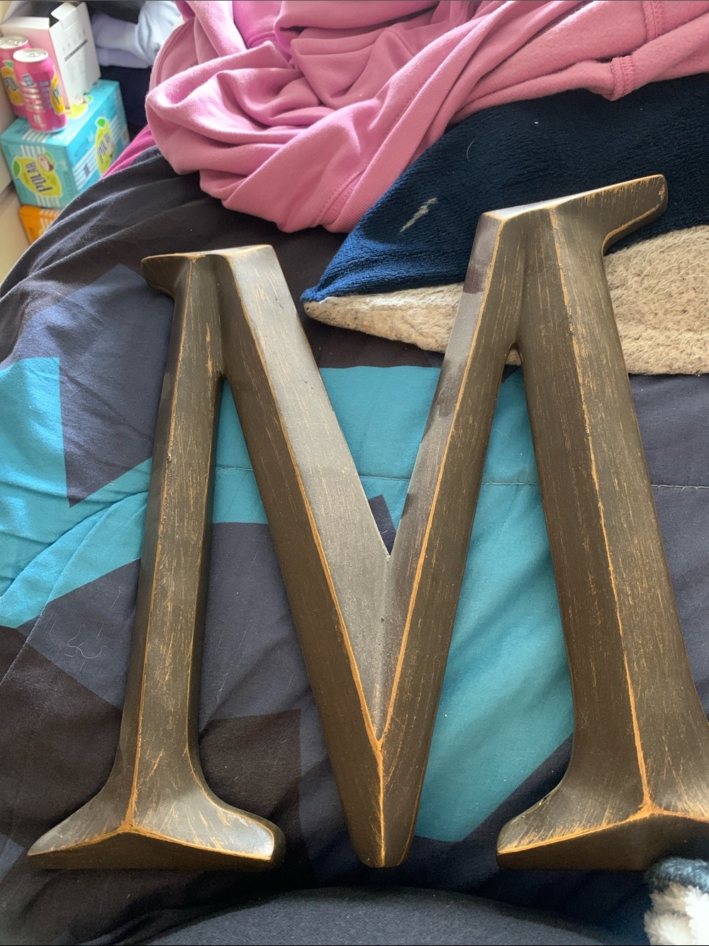 Large Decorative Letter M in Distressed Dark Brown with Gold Edge